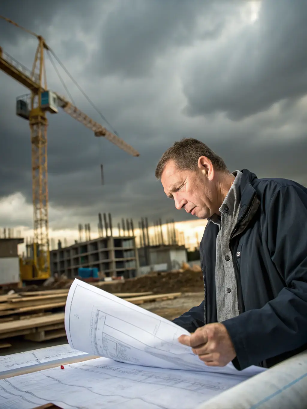 A close-up shot of a construction project manager reviewing blueprints on a commercial refurbishment site, highlighting their attention to detail and expertise.